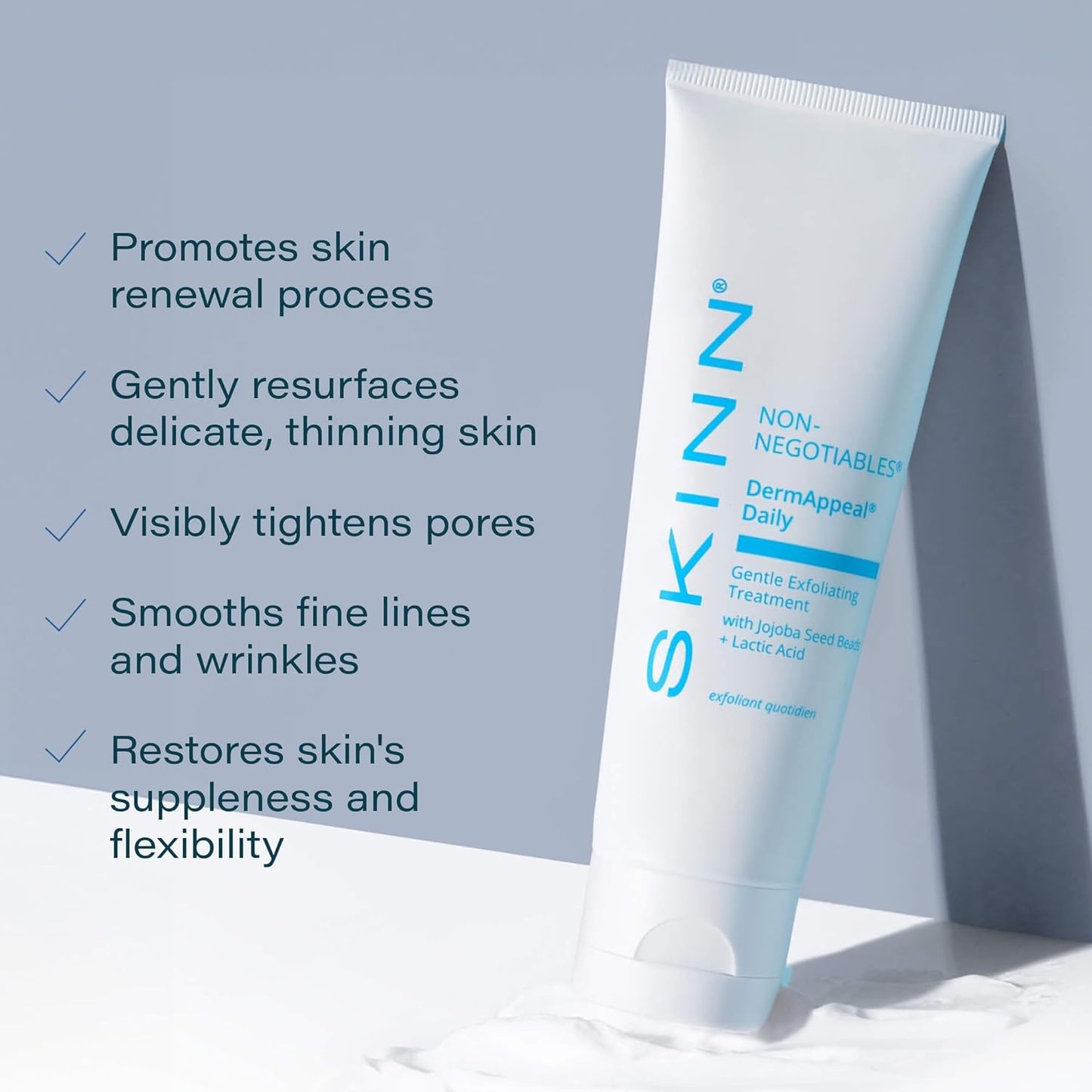 Gentle Exfoliating Face Scrub, Dermappeal Daily by SKINN - Anti-Aging Facial Treatment Exfoliator for Sensitive Skin with Jojoba Seed Beads & Lactic Acid, Smooths Wrinkles & Fine Lines