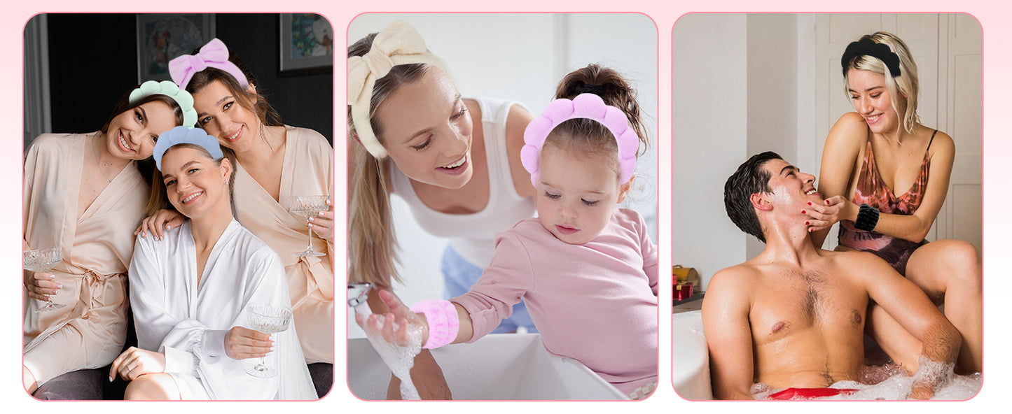 Zermet 1 Puffy Spa Headband & Skincare Headbands for Women Makeup,Terry Cloth Towel Head Band for Skin Care,Sponge Make Up Hair Band for Girls,Face Wash Wristband Scrunchies Set 4 Pcs