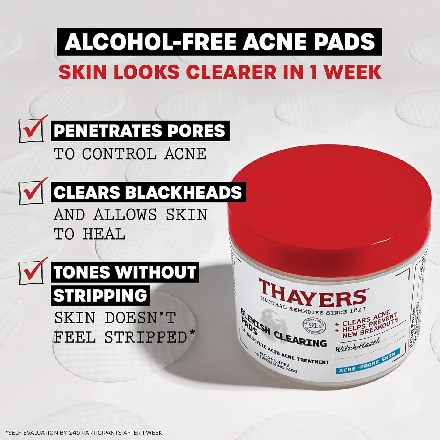 Zermet 1 Thayers Blemish Clearing Acne Pads, Salicylic Acid Acne Treatment for Face, Pore Reducing, Exfoliating, and Soothing Skincare, Witch Hazel Toner Pads, 60 Ct