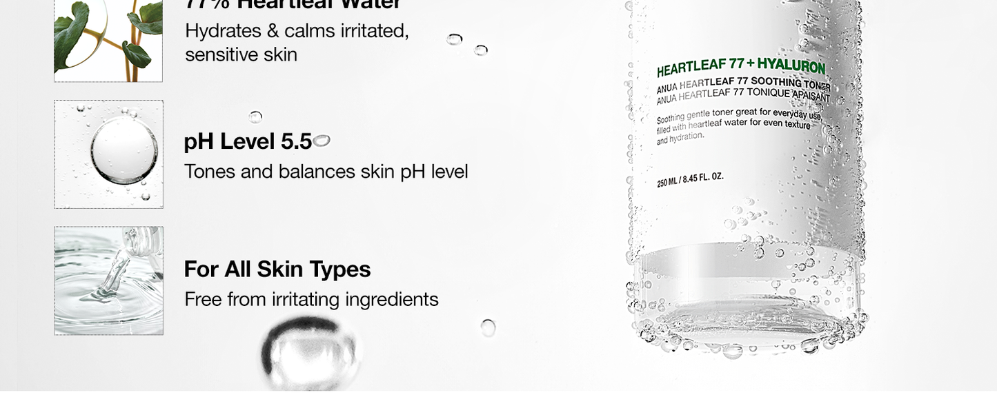 Zermet 1 Anua Heartleaf 77 Soothing Toner I pH 5.5 Trouble Care, Calming Skin, Refreshing, Hydrating, Purifying, Cruelty Free, Vegan,(250ml / 8.45 fl.oz.)
