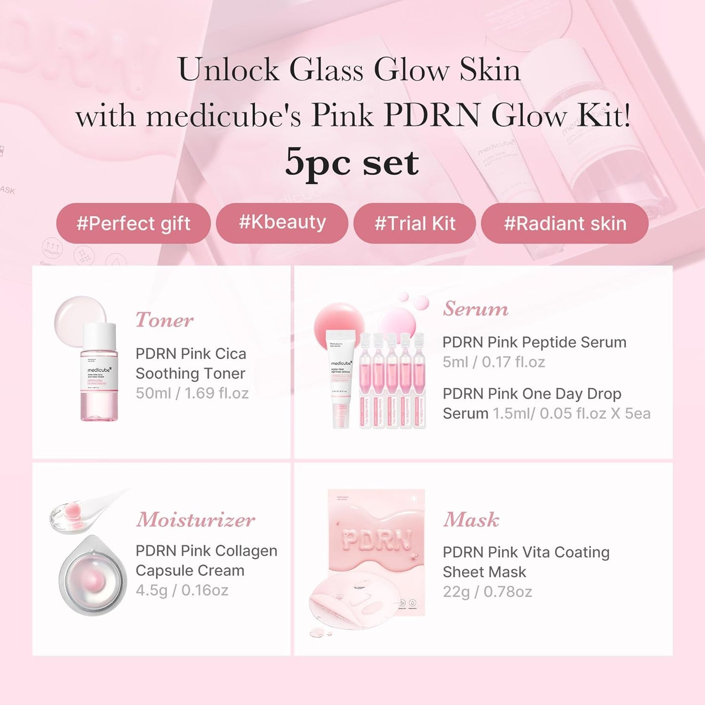 Zermet 1 medicube Salmon DNA Zermet 1  Trial Kit | Glass Glow Mini Skincare Set with Toner, Serum & Sheet Mask for Hydrating, Firming, Moisturizing |Gift & Travel Essentials for Women & Girls | Korean Skincare