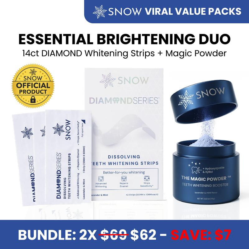 SNOW Magic Powder + 14ct Diamond Dissolving Strips | Adds Whitening Effects to Any Toothpaste | Infused with Calcium Carbonate for White Teeth | Lavender & Mint
