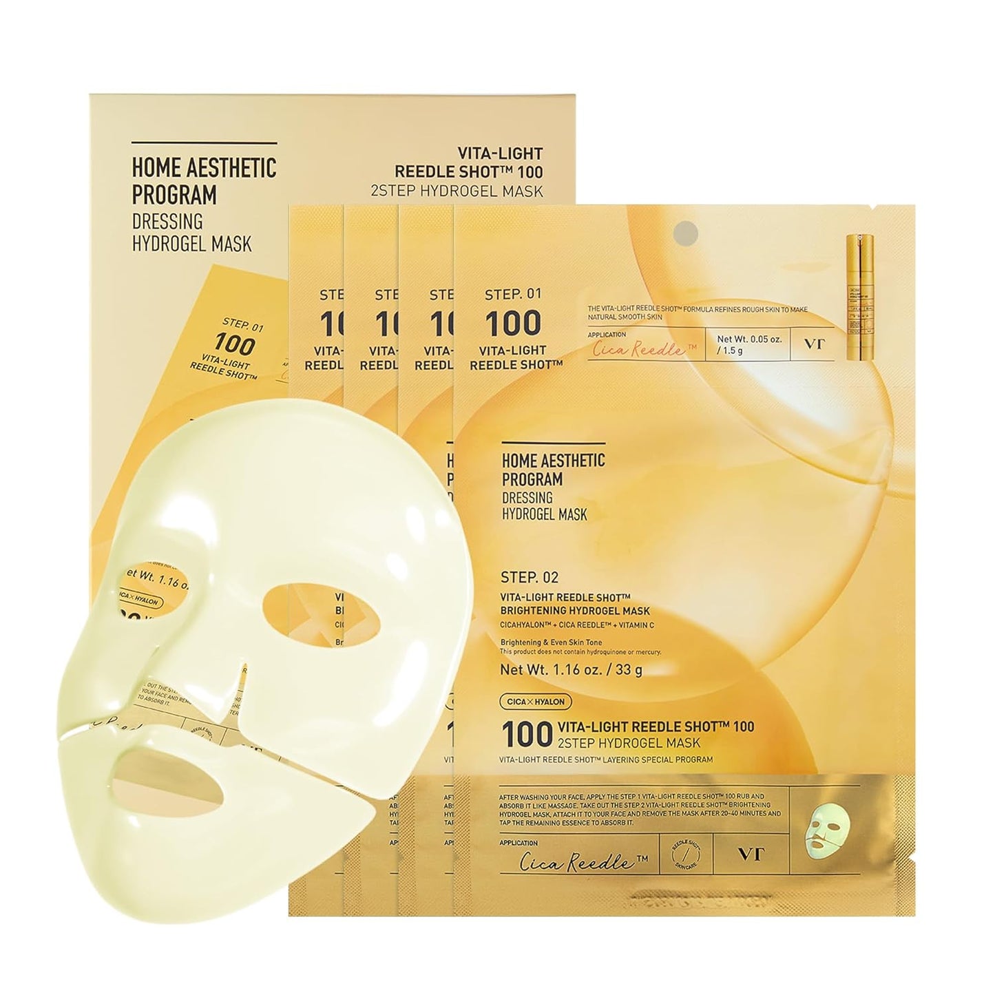 Zermet 1 Zermet 1  Vita-Light Reedle Shot 100 2-Step Hydrogel Mask(34.5gx4ea), Intensive Glowing, Exosome Glutathione Face Mask, Overnight Melting Mask, Korean Facial Mask