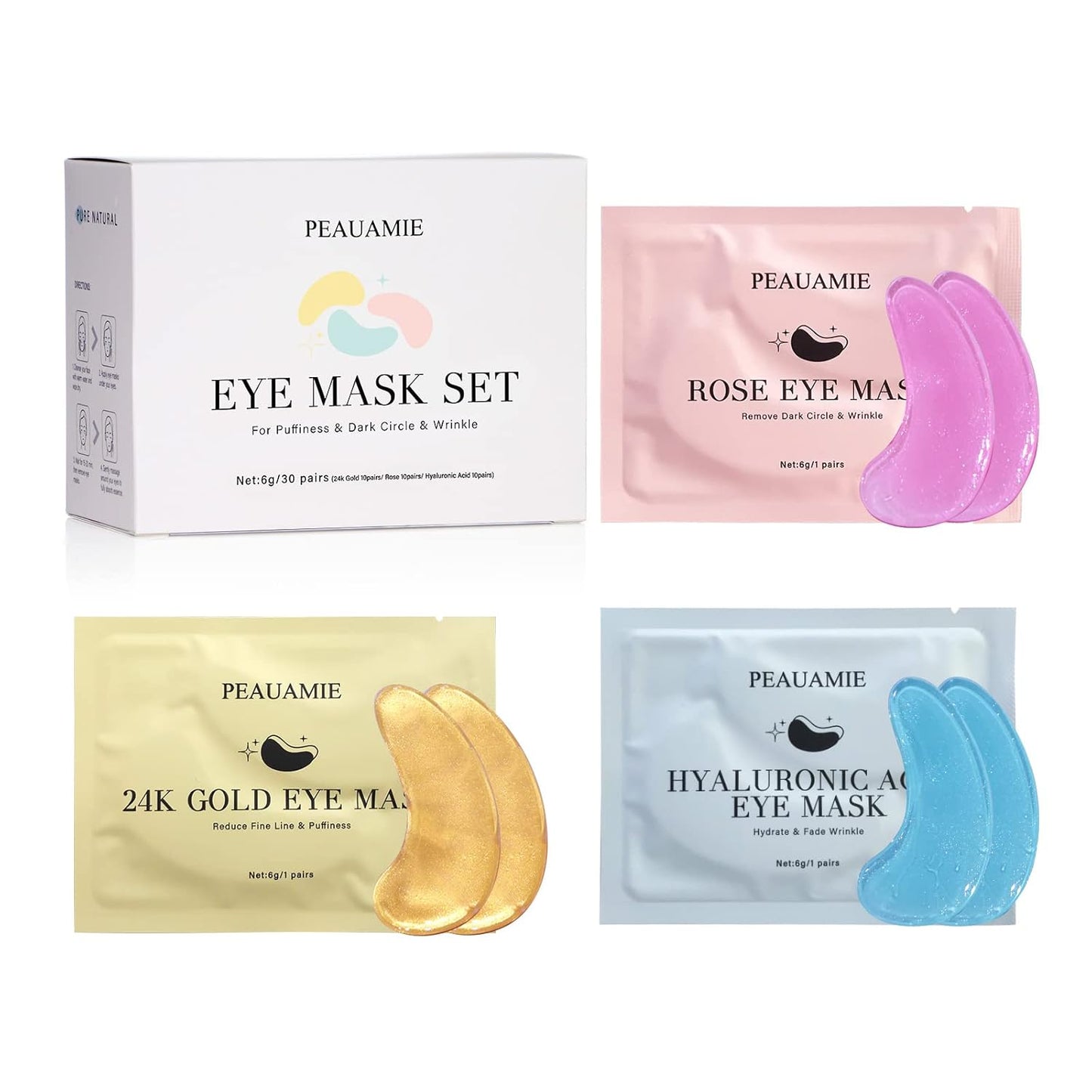 Zermet 1 Under Eye Patches Gold and Hyaluronic Acid for puffy eyes,Rose Eye Masks for Dark Circles and Puffiness skin care Smooth Wrinkles products 30 Pairs