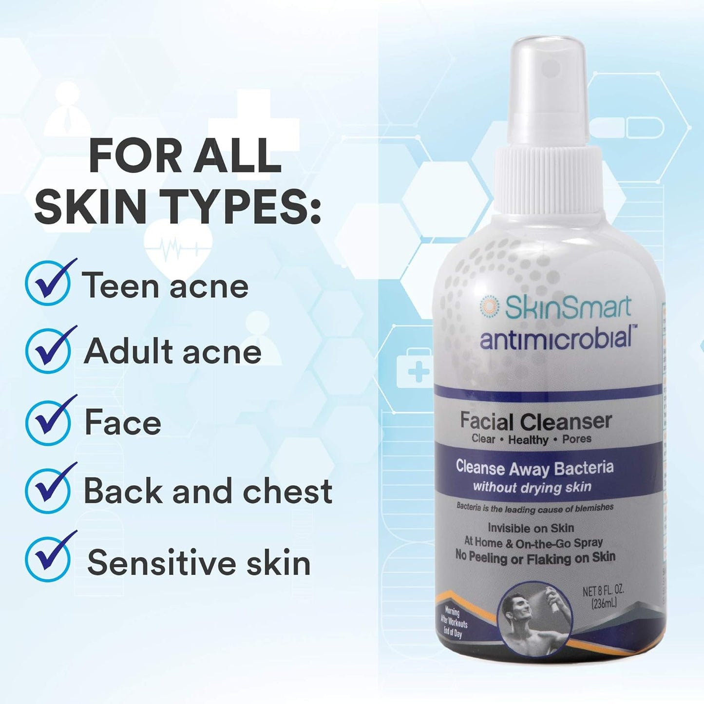 Zermet 1 SkinSmart Facial Cleanser for Acne, Targets Bacteria for Active Teenage Athletes Post Workout and Adult Acne, 8 oz Spray Bottle, Safe for Multiple Daily Uses