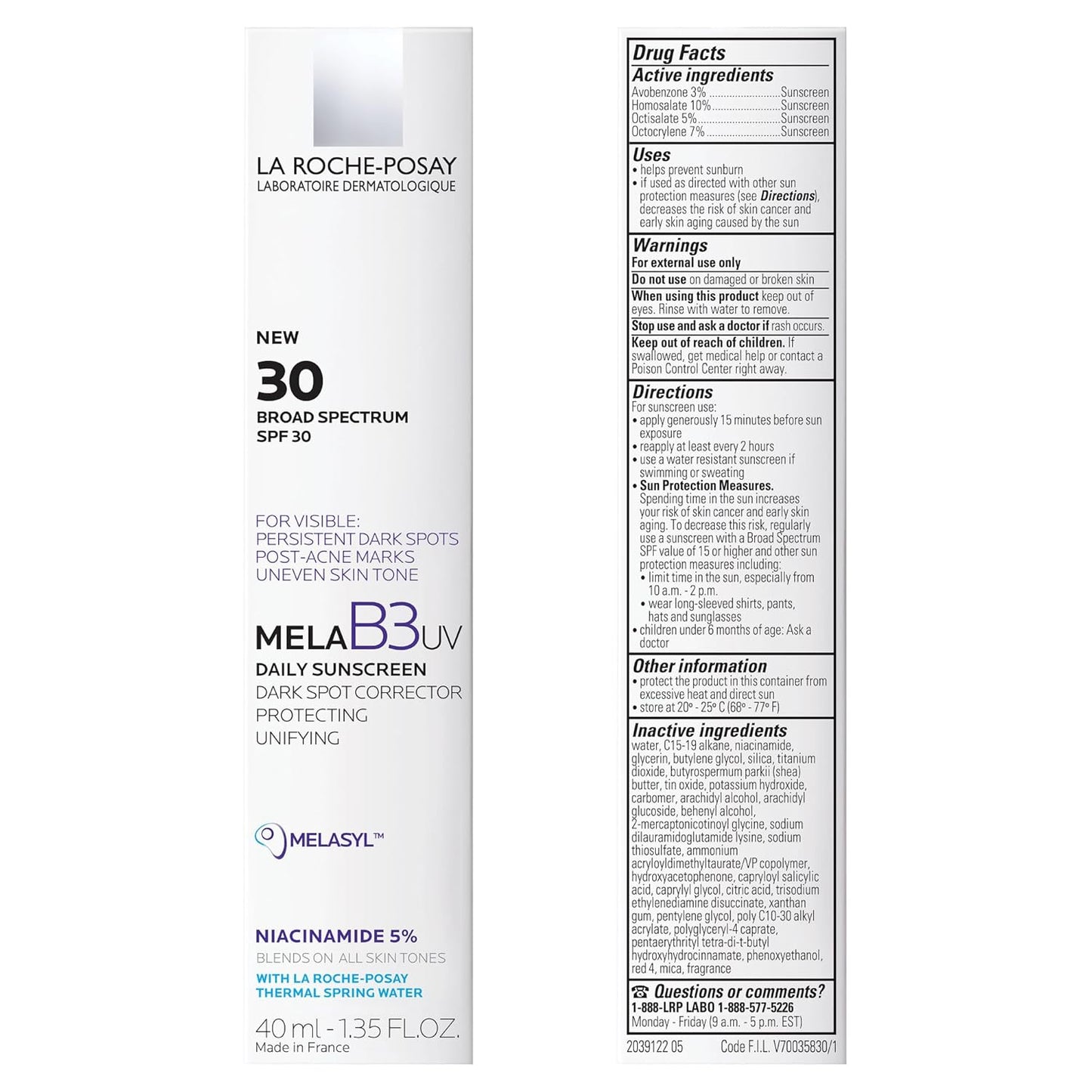 Zermet 1 La Roche-Posay Mela B3 UV Daily Sunscreen, Face Moisturizer With SPF 30 + Anti-Aging Melasyl + 5% Niacinamide, Helps Correct & Protect From Sun Damage, Face Sunscreen With No White Cast, 40ML