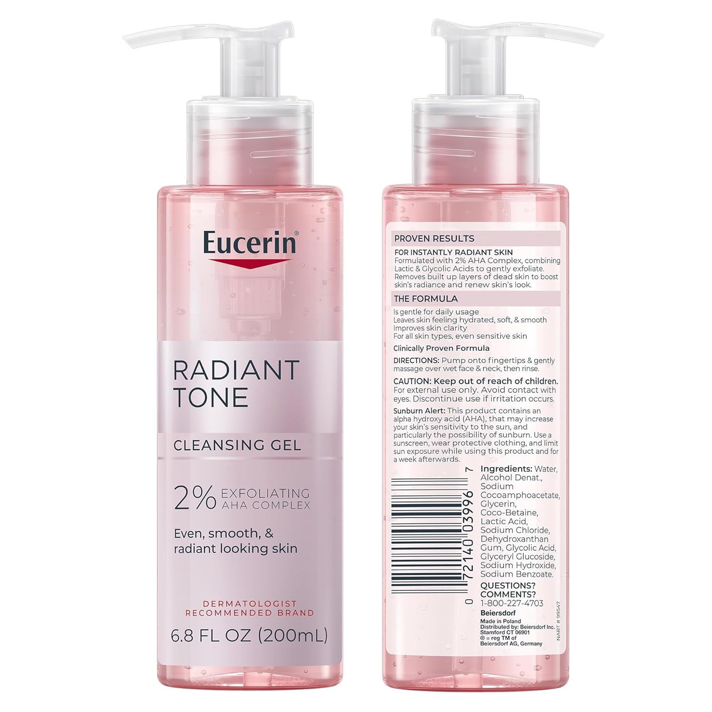 Zermet 1 Eucerin Radiant Tone Face Cleanser Gel with 2% Exfoliating AHA Complex, Gentle Face Wash Improves Skin Clarity and Boosts Radiance, All Skin Types, 6.8 Fl Oz Bottle