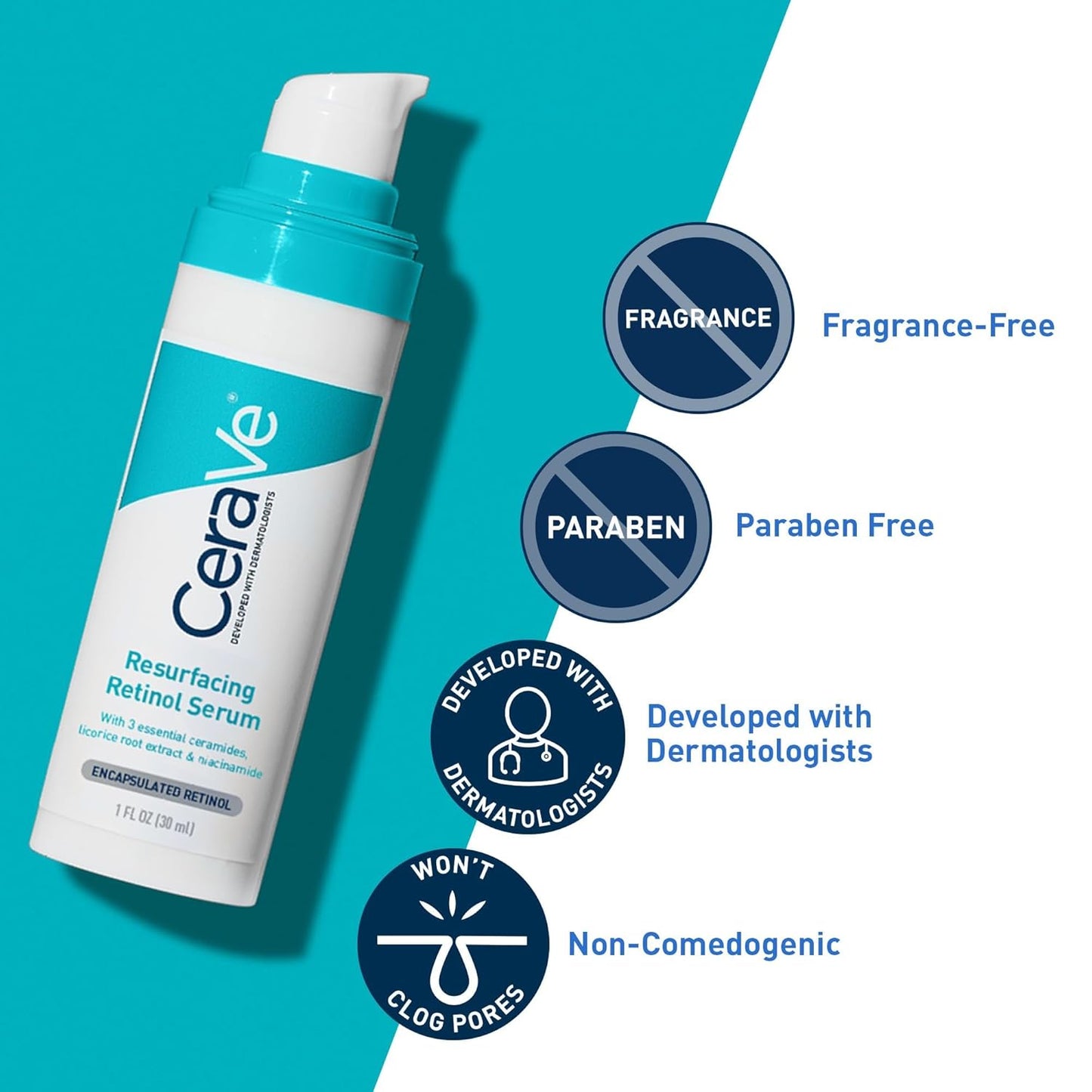 Zermet 1 CeraVe Resurfacing Retinol Serum For Post Acne Marks, Formulated With Licorice Root Extract & Niacinamide, Brightening Serum & Pore Minimizer For Face, Post Acne Skin Barrier Repair, Non-Comedogenic