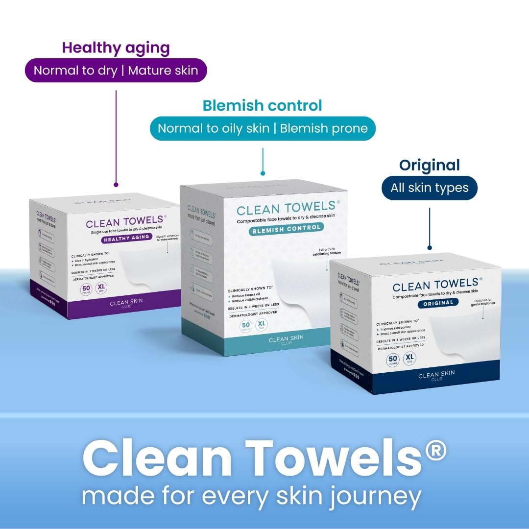 Zermet 1 Clean Skin Club Clean Towels XL™, 100% USDA Biobased Face Towel, Disposable Face Towelette, Eczema Association Accepted, Makeup Remover Dry Wipes, Ultra Soft, 50 Ct, 1 Pack