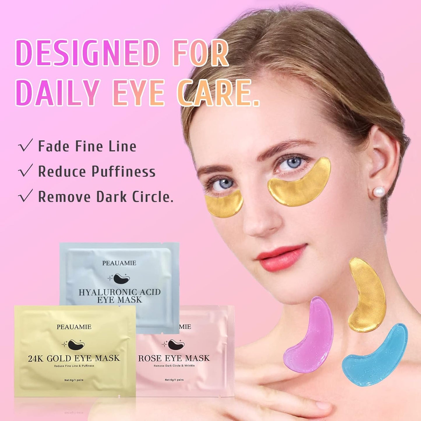 Zermet 1 Under Eye Patches Gold and Hyaluronic Acid for puffy eyes,Rose Eye Masks for Dark Circles and Puffiness skin care Smooth Wrinkles products 30 Pairs
