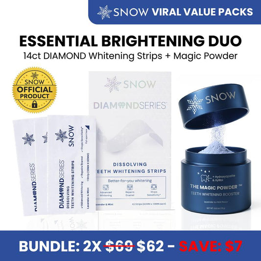 SNOW Magic Powder + 14ct Diamond Dissolving Strips | Adds Whitening Effects to Any Toothpaste | Infused with Calcium Carbonate for White Teeth | Lavender & Mint