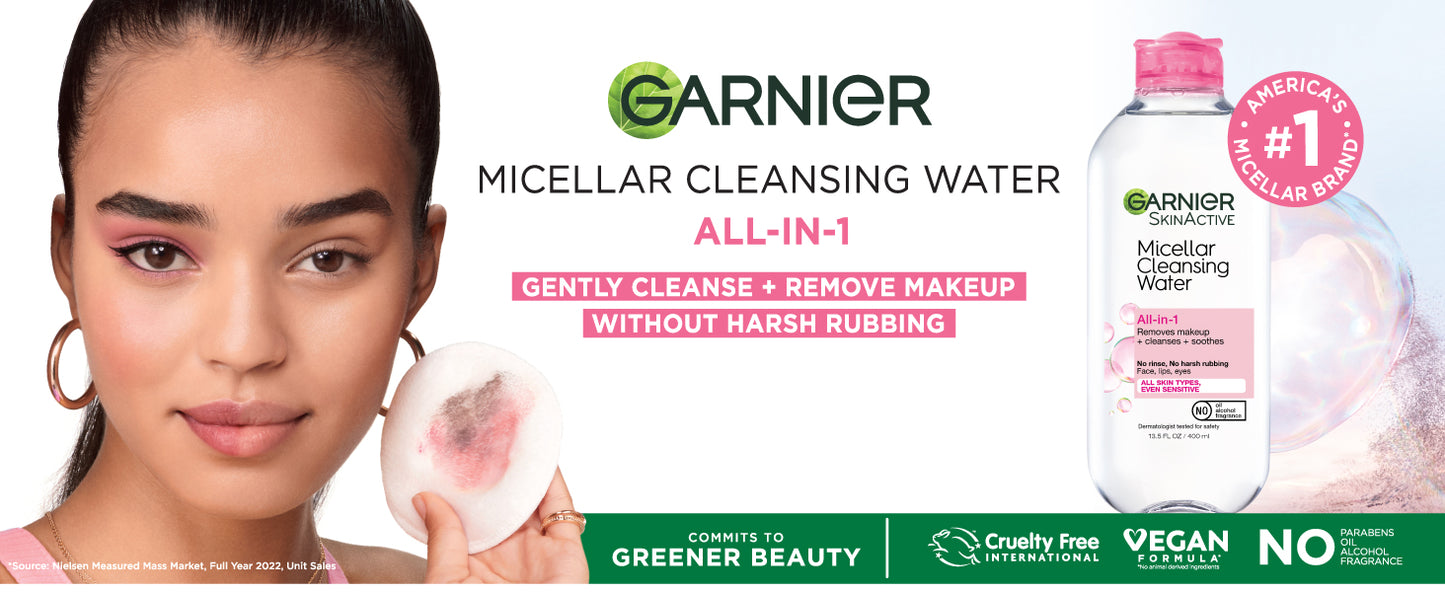 Zermet 1 Garnier Micellar Water, Hydrating Facial Cleanser & Makeup Remover, Suitable for Sensitive Skin, Vegan, Cruelty Free, 13.5 Fl Oz (400mL), 1 Count