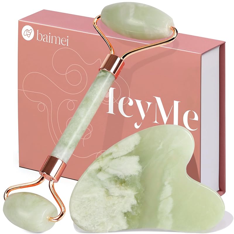 Zermet 1 BAIMEI IcyMe Gua Sha & Jade Roller Facial Tools Face Roller and Gua Sha Set for Puffiness and Redness Reducing Skin Care Routine, Self Care Gift for Men Women - Green