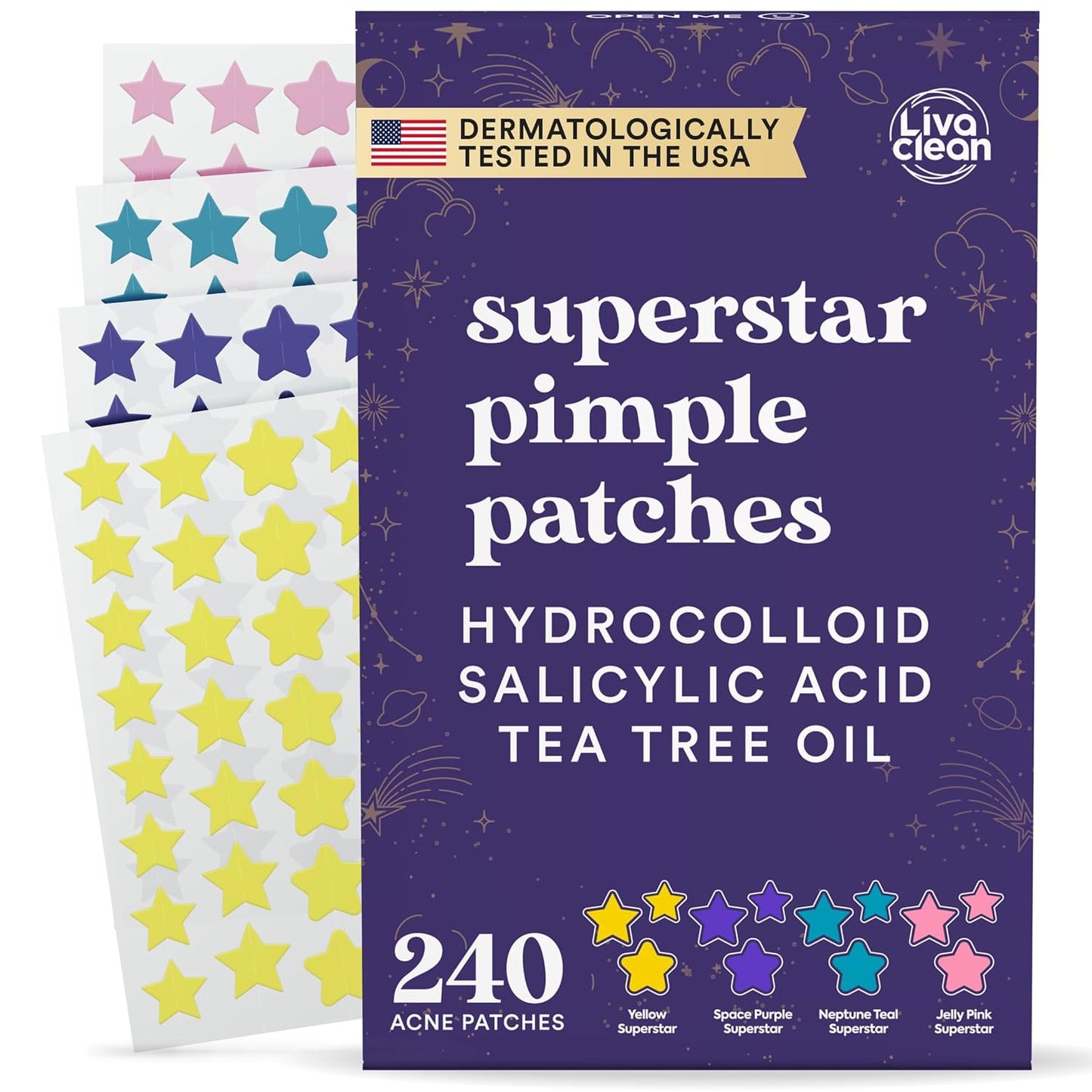 Zermet 1 LivaClean Star Pimple Patches for Face w/Hydrocolloid, Salicylic Acid & Tea Tree, 240 Patches, Hydrocolloid Acne Patch, Cute Star Pimple Patch for Healing Stickers Zit Superstar