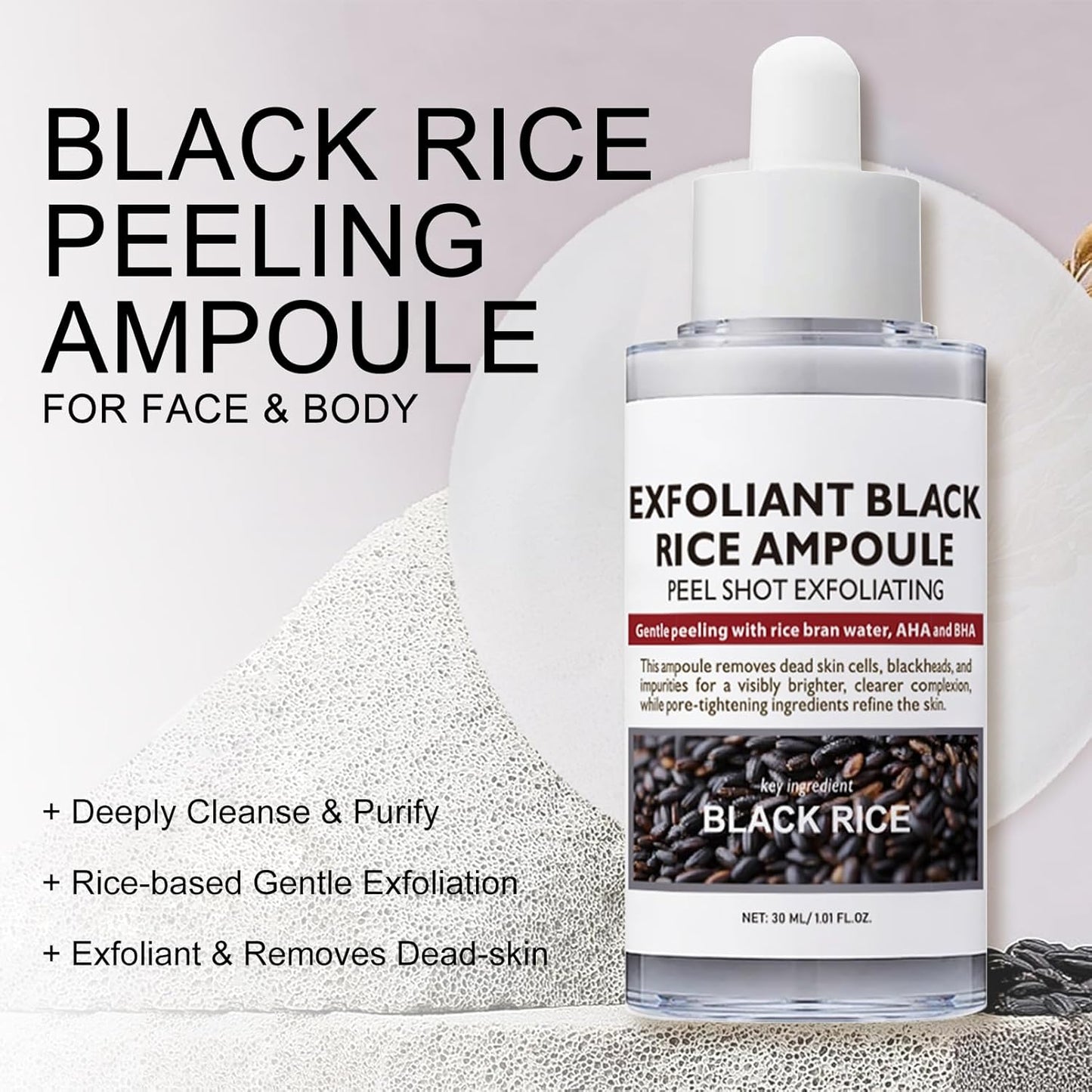 Zermet 1 Black-Rice Peeling Ampoule, Face Exfoliator Pore Minimizer for Face, Rice Ampoule Soft Exfoliating Face&Body Scrub Dead Skin Remover, Moisturizing, Smooth, Nourish, Korean Skin Care (1 Pack)