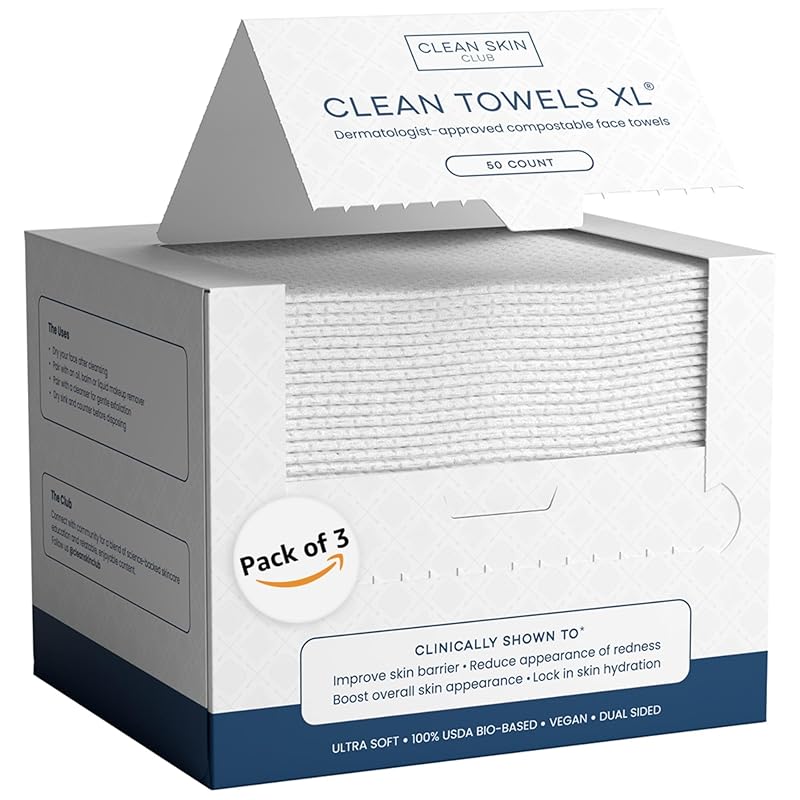Zermet 1 Clean Skin Club Clean Towels XL™, 100% USDA Biobased Face Towel, Disposable Face Towelette, Eczema Association Accepted, Makeup Remover Dry Wipes, Ultra Soft, 50 Ct, 1 Pack