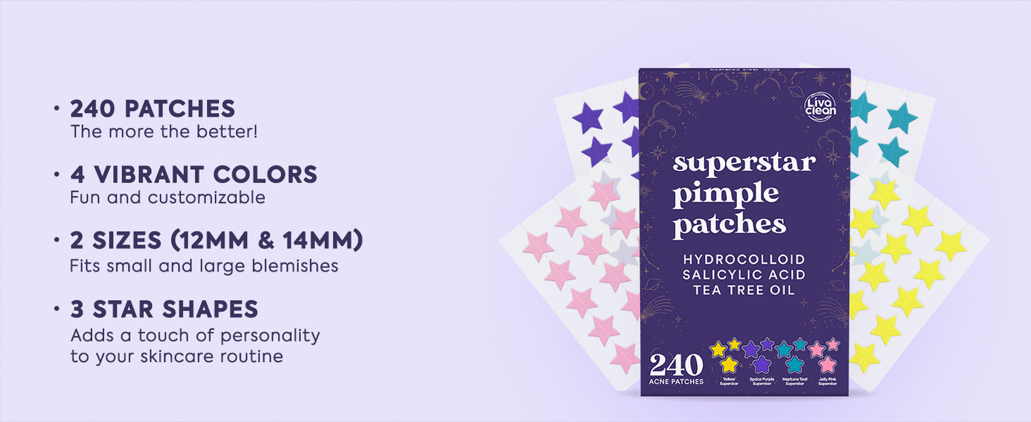 Zermet 1 LivaClean Star Pimple Patches for Face w/Hydrocolloid, Salicylic Acid & Tea Tree, 240 Patches, Hydrocolloid Acne Patch, Cute Star Pimple Patch for Healing Stickers Zit Superstar