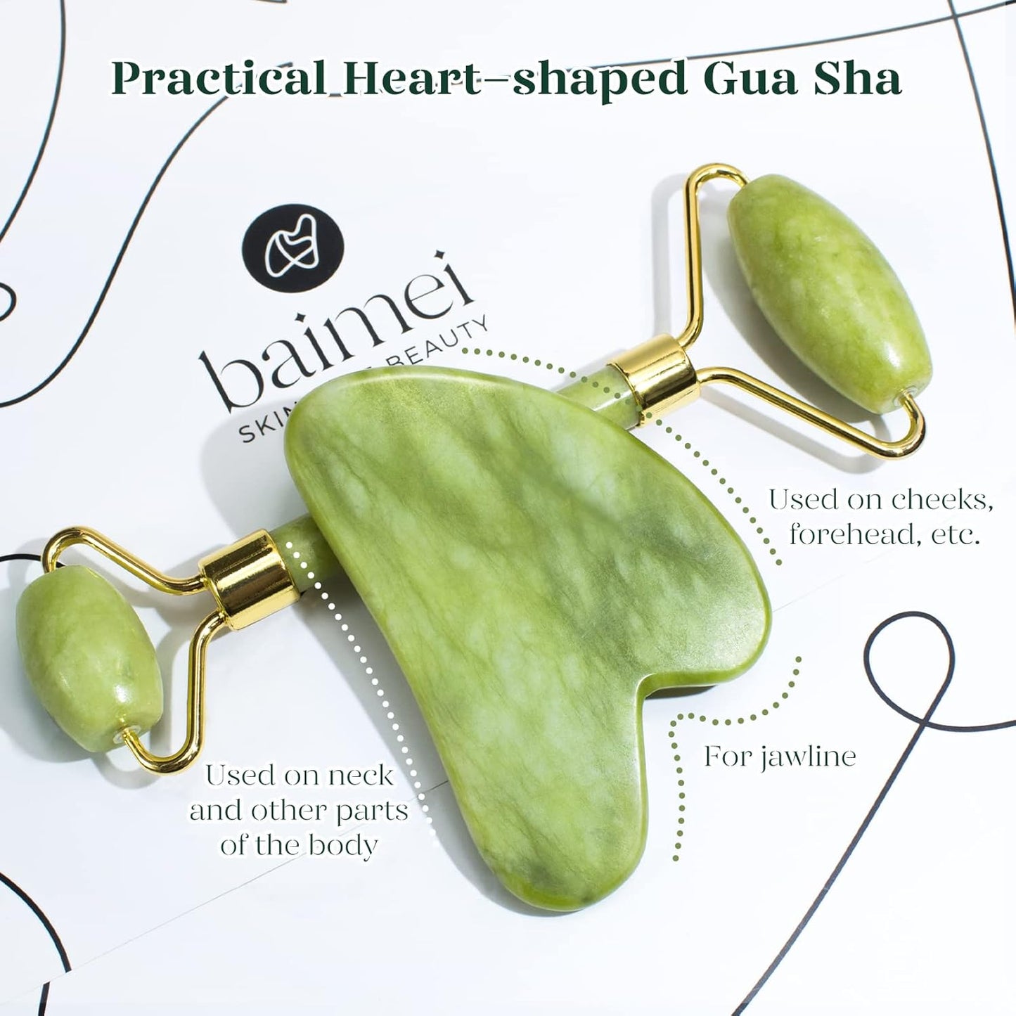 Zermet 1 BAIMEI IcyMe Gua Sha & Jade Roller Facial Tools Face Roller and Gua Sha Set for Puffiness and Redness Reducing Skin Care Routine, Self Care Gift for Men Women - Green