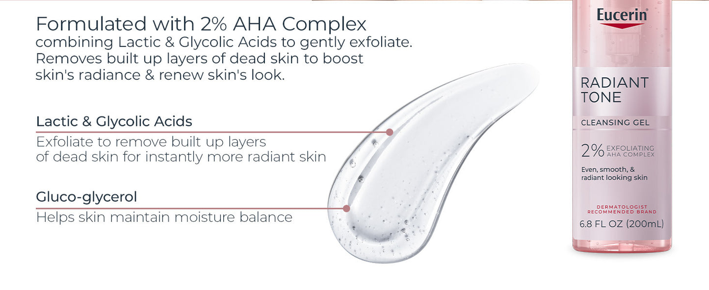 Zermet 1 Eucerin Radiant Tone Face Cleanser Gel with 2% Exfoliating AHA Complex, Gentle Face Wash Improves Skin Clarity and Boosts Radiance, All Skin Types, 6.8 Fl Oz Bottle