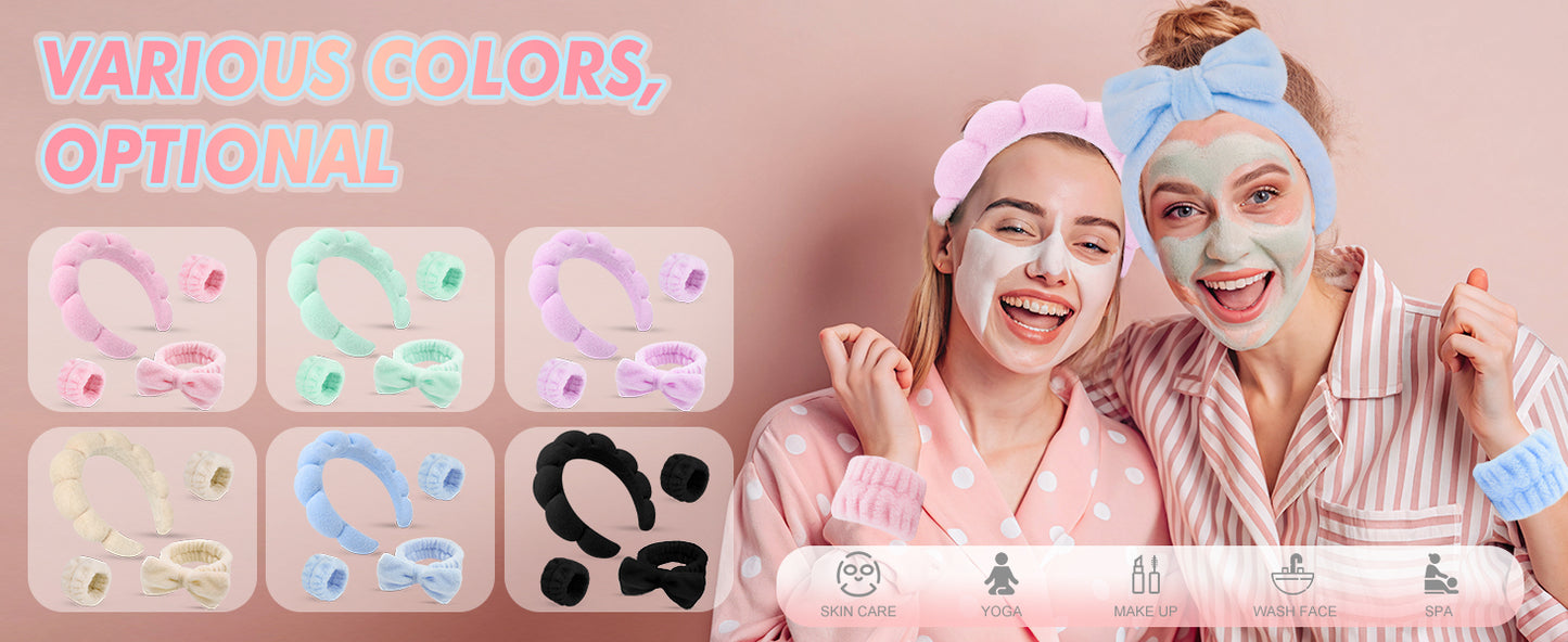 Zermet 1 Puffy Spa Headband & Skincare Headbands for Women Makeup,Terry Cloth Towel Head Band for Skin Care,Sponge Make Up Hair Band for Girls,Face Wash Wristband Scrunchies Set 4 Pcs