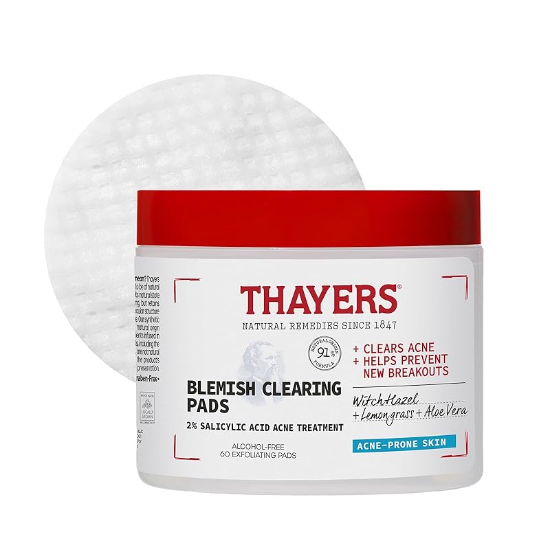 Zermet 1 Thayers Blemish Clearing Acne Pads, Salicylic Acid Acne Treatment for Face, Pore Reducing, Exfoliating, and Soothing Skincare, Witch Hazel Toner Pads, 60 Ct