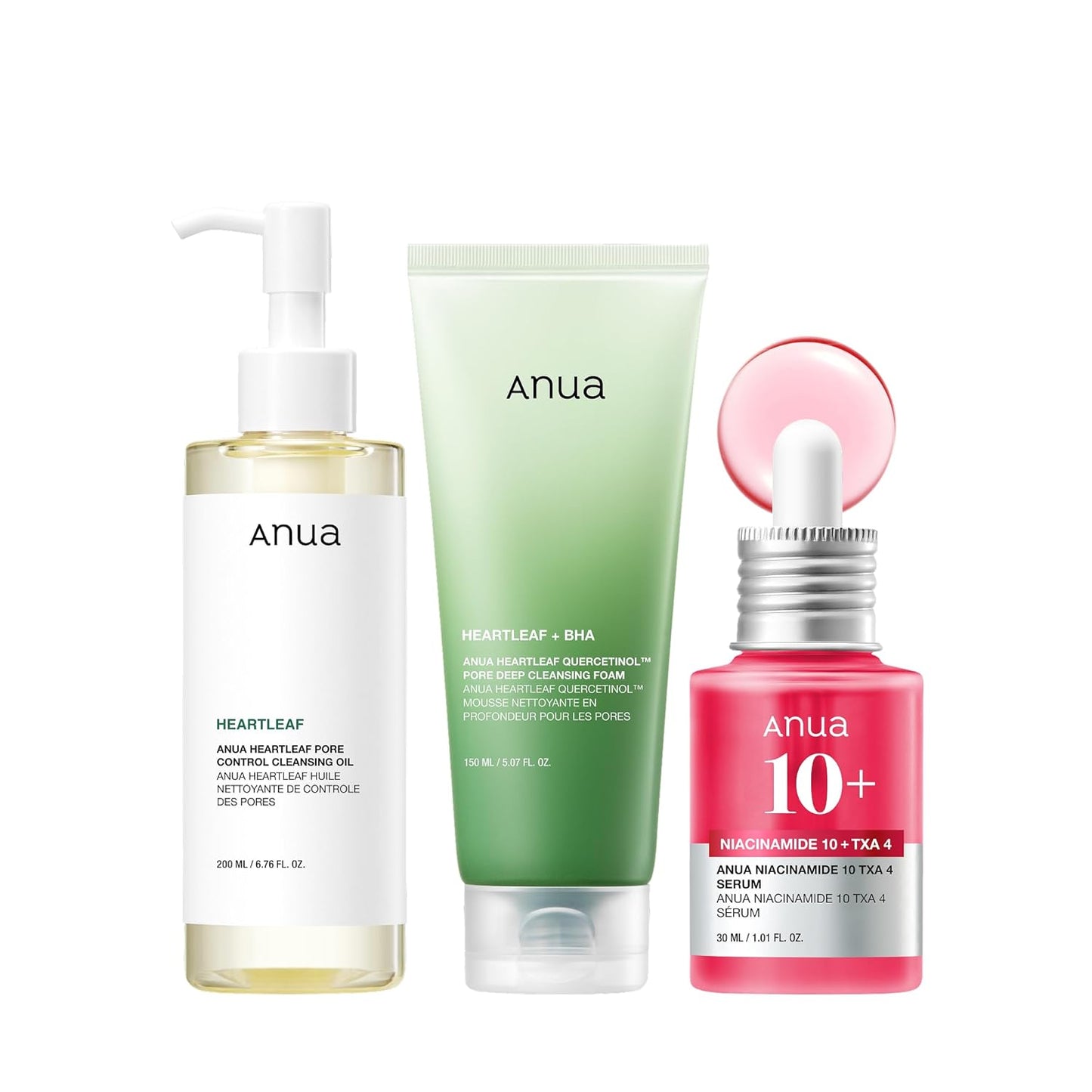 Zermet 1 Anua 3-Step Glass Skin Beginner Set, Double Cleansing with Facial Serum, Oil Cleanser & Face Wash with Heartleaf, Daily Routine with Niacinamide, Korean Skincare Set