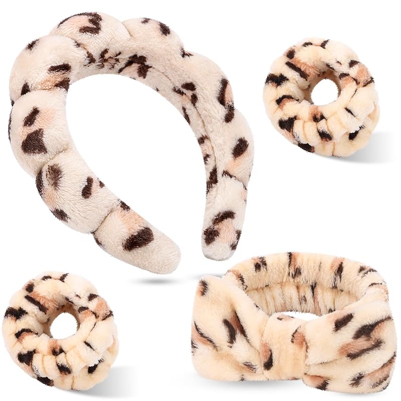 Zermet 1 Puffy Spa Headband & Skincare Headbands for Women Makeup,Terry Cloth Towel Head Band for Skin Care,Sponge Make Up Hair Band for Girls,Face Wash Wristband Scrunchies Set 4 Pcs