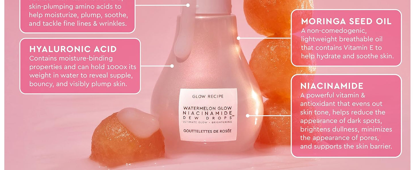 Zermet 1 Glow Recipe Watermelon Niacinamide Dew Drops - Brightening, Plumping Hydrating Face Serum, Makeup Primer + Liquid Highlighter with Hyaluronic Acid - Dewy & Glowing Korean Skin Care (40ml)