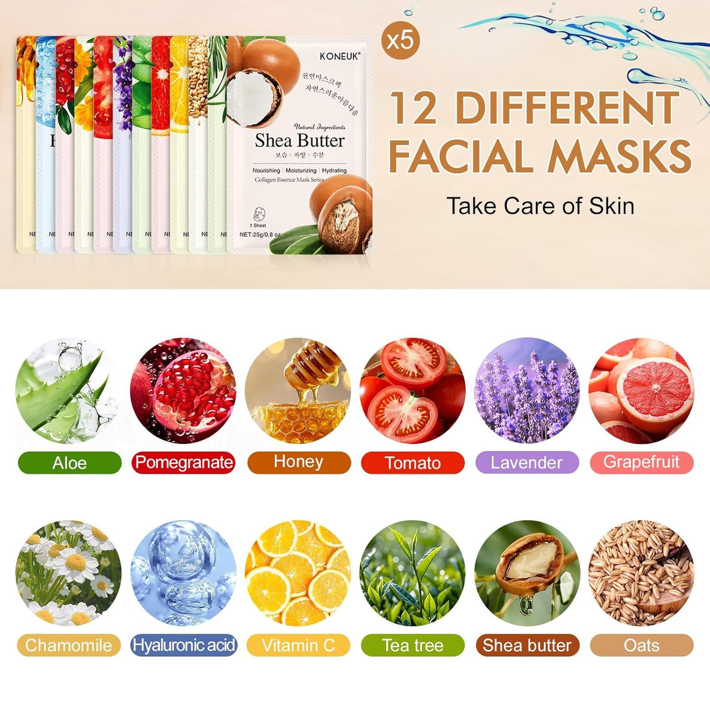 Zermet 1 60 Pack Collagen Essence Face Masks Skincare for Women, Hydrating Sheet Face Masks Suitable for Dry and Sensitive Skin, Bulk Facial Masks for Women Skin Care, Face Mask Gifts Set for Spa Party