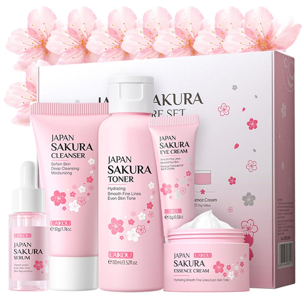 Zermet 1 Sakura Skincare Kit for Teenage Girls Women, 5Pcs Skin Care Travel Present Set with Cleanser, Toner, Serum, Eye Cream, Face Cream