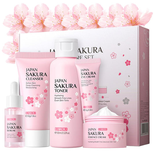 Zermet 1 Sakura Skincare Kit for Teenage Girls Women, 5Pcs Skin Care Travel Present Set with Cleanser, Toner, Serum, Eye Cream, Face Cream