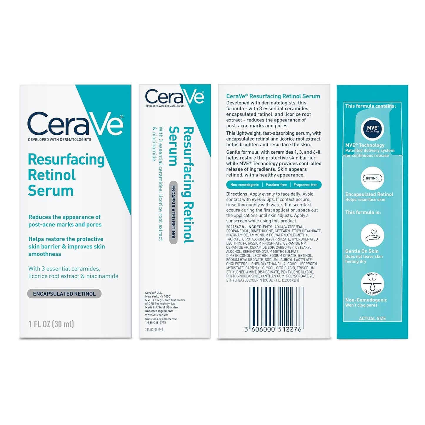 Zermet 1 CeraVe Resurfacing Retinol Serum For Post Acne Marks, Formulated With Licorice Root Extract & Niacinamide, Brightening Serum & Pore Minimizer For Face, Post Acne Skin Barrier Repair, Non-Comedogenic