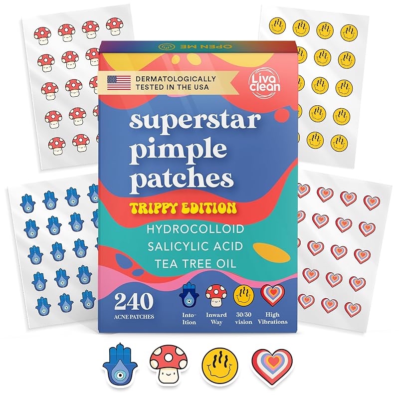 Zermet 1 LivaClean Star Pimple Patches for Face w/Hydrocolloid, Salicylic Acid & Tea Tree, 240 Patches, Hydrocolloid Acne Patch, Cute Star Pimple Patch for Healing Stickers Zit Superstar