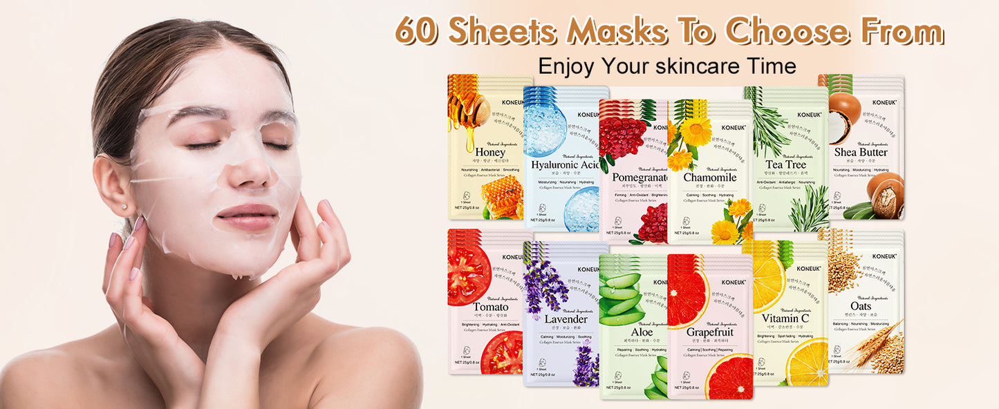 Zermet 1 60 Pack Collagen Essence Face Masks Skincare for Women, Hydrating Sheet Face Masks Suitable for Dry and Sensitive Skin, Bulk Facial Masks for Women Skin Care, Face Mask Gifts Set for Spa Party