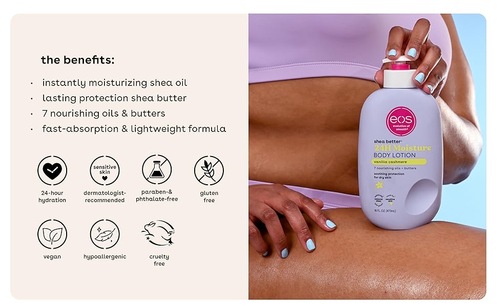 Zermet 1 eos Shea Better Body Lotion Vanilla Cashmere, 24-Hour Moisture Skin Care, Lightweight & Non-Greasy, Natural Shea, Vegan, Vanilla Body Lotion, 16 fl oz