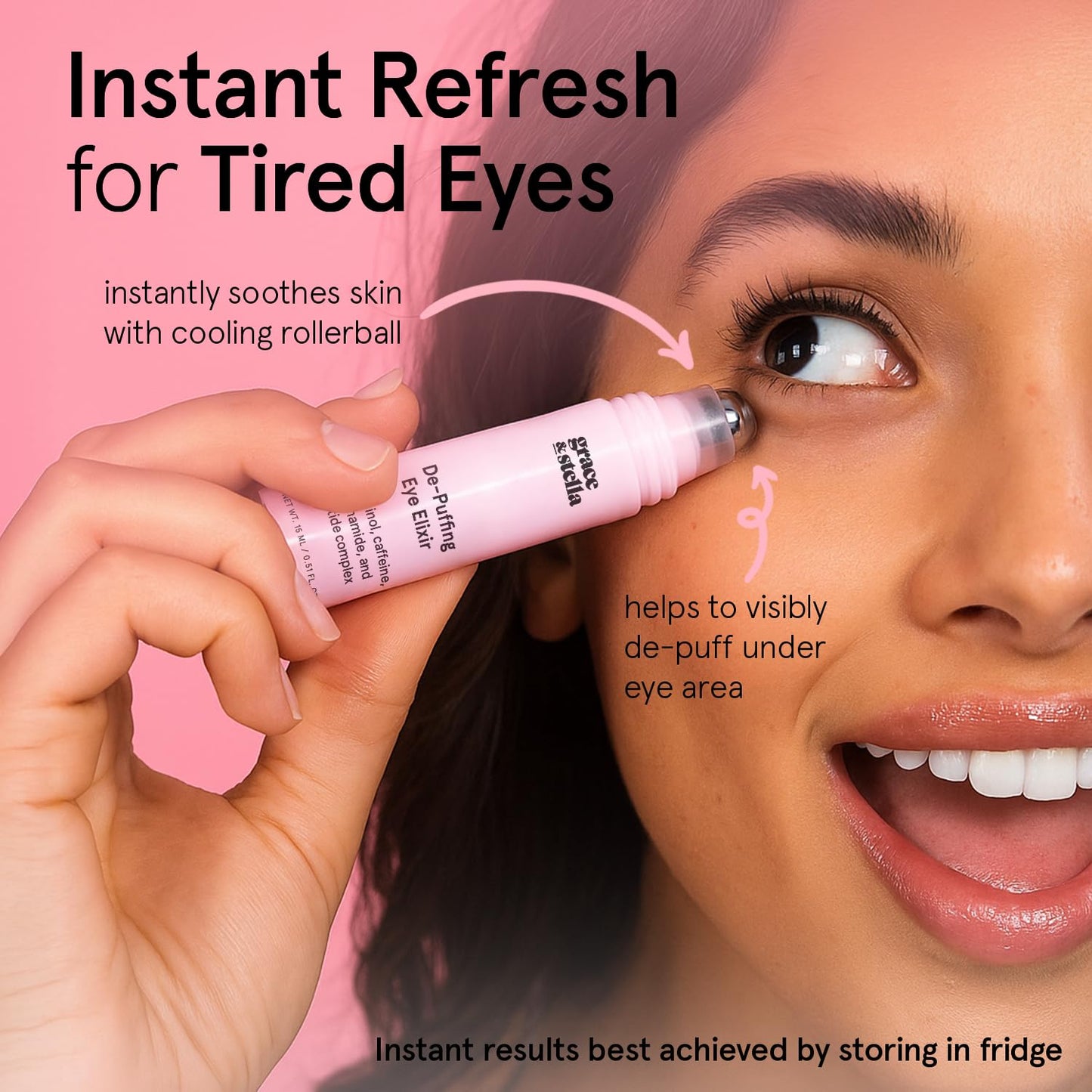 Zermet 1 grace & stella Award Winning Under Eye Brightener Roller - Airplane Travel Essentials - Retinol & Caffeine Eye Serum for Puffiness, Dark Circles, Wrinkles - Vegan Skincare (15ml / 0.51floz)