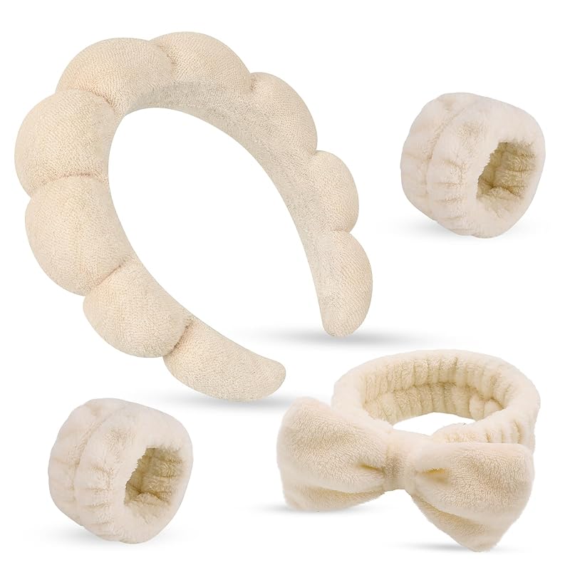 Zermet 1 Puffy Spa Headband & Skincare Headbands for Women Makeup,Terry Cloth Towel Head Band for Skin Care,Sponge Make Up Hair Band for Girls,Face Wash Wristband Scrunchies Set 4 Pcs