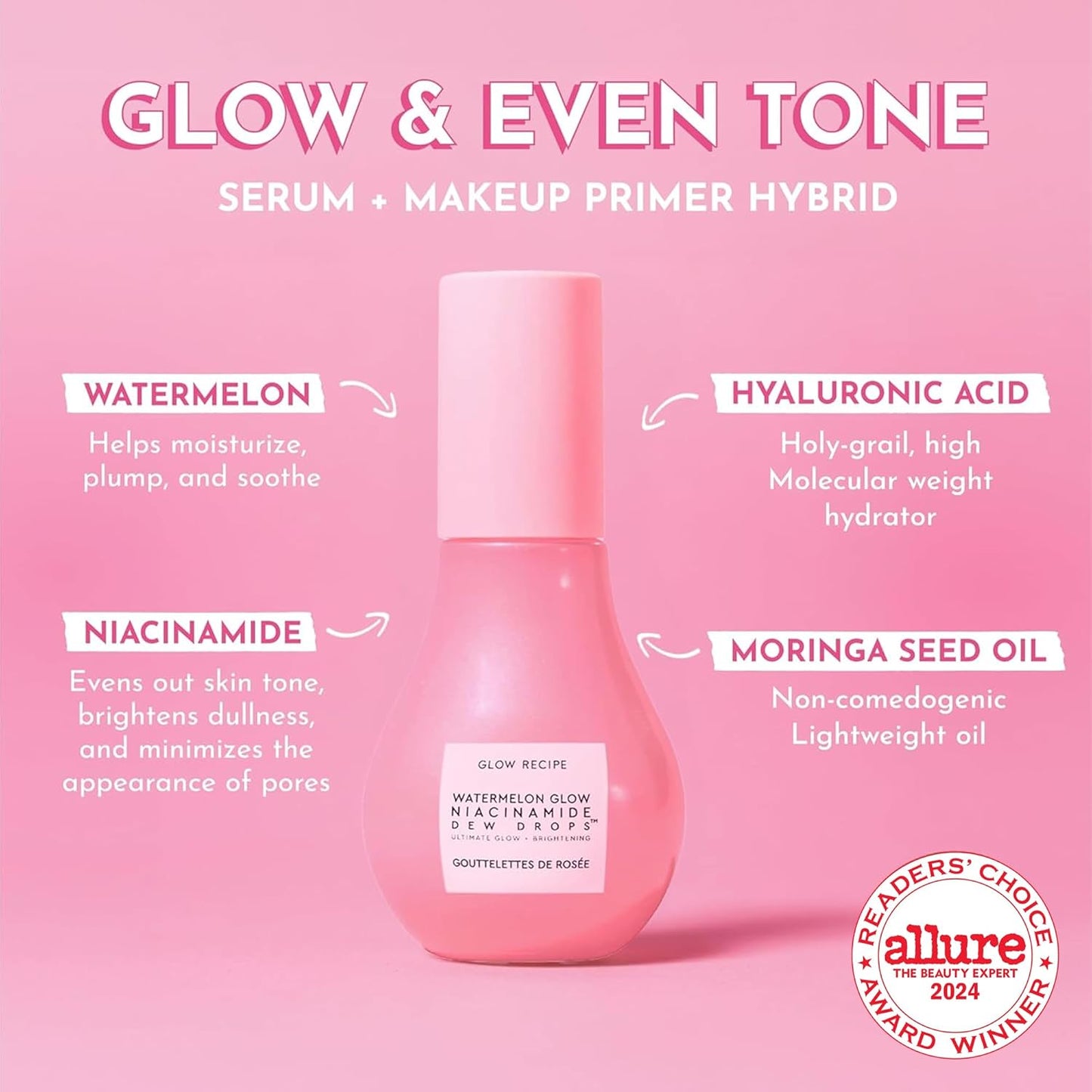 Zermet 1 Glow Recipe Watermelon Niacinamide Dew Drops - Brightening, Plumping Hydrating Face Serum, Makeup Primer + Liquid Highlighter with Hyaluronic Acid - Dewy & Glowing Korean Skin Care (40ml)
