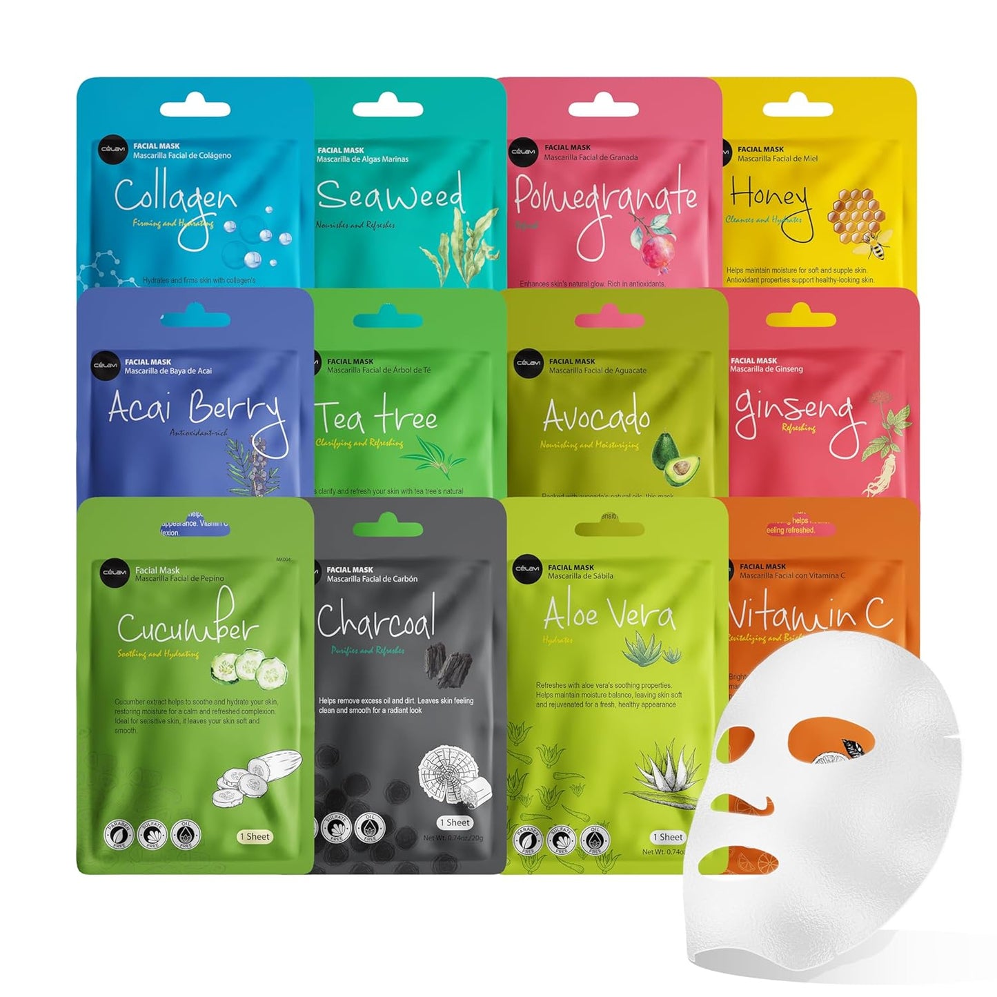 Zermet 1 Zermet 1 Facial Sheet Face Mask Variety Set Classic Authentic Korean Moisturizing Skincare (12-Packs)