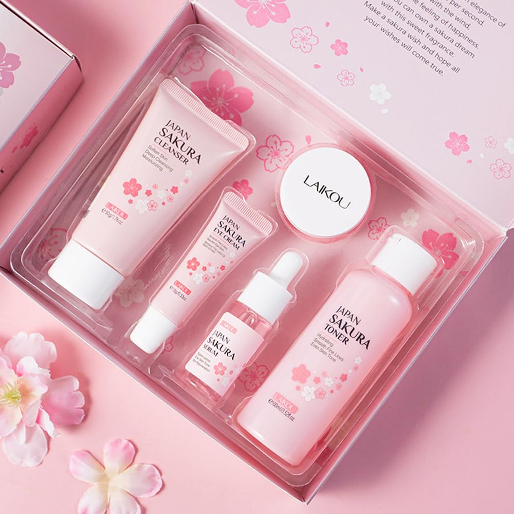 Zermet 1 Sakura Skincare Kit for Teenage Girls Women, 5Pcs Skin Care Travel Present Set with Cleanser, Toner, Serum, Eye Cream, Face Cream
