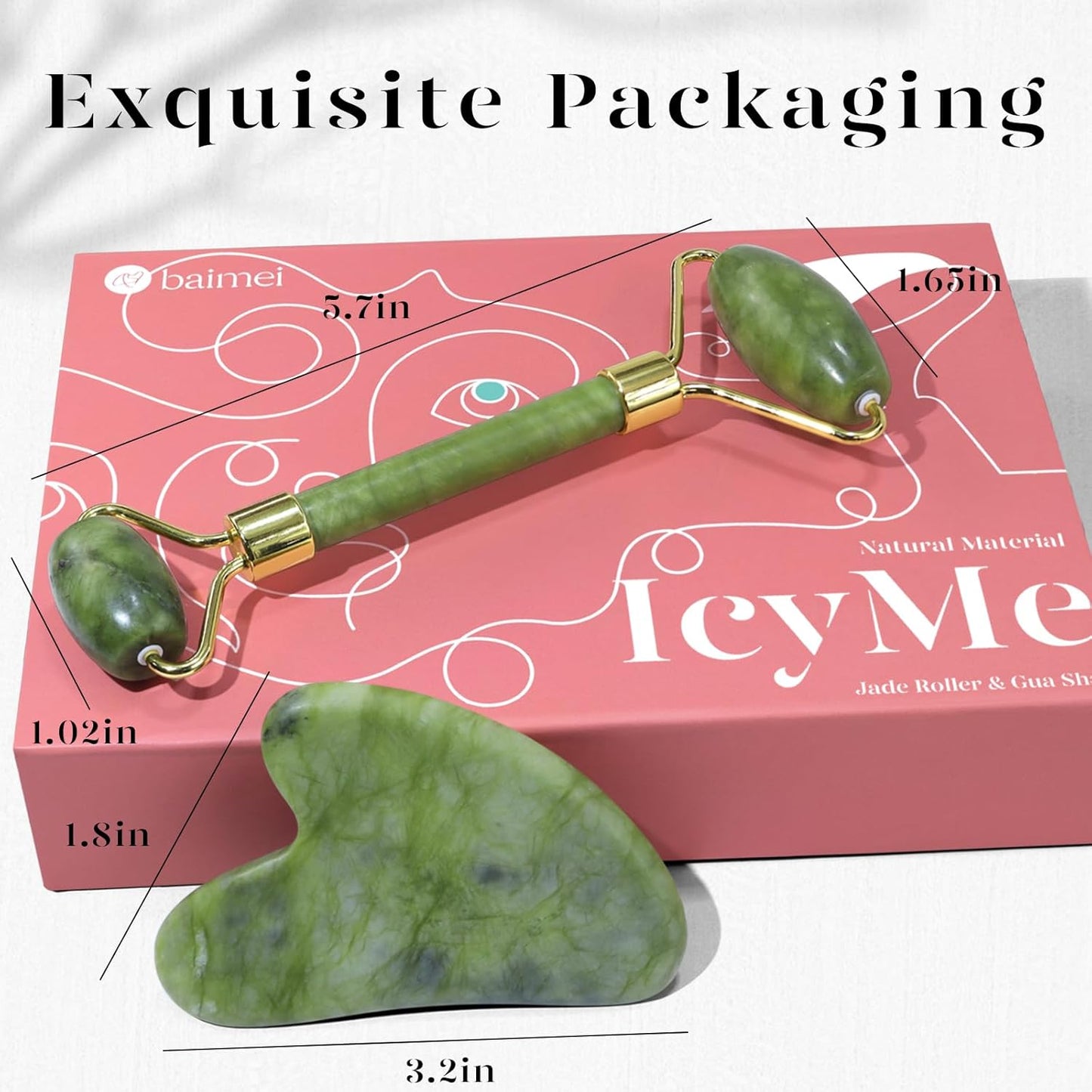 Zermet 1 BAIMEI IcyMe Gua Sha & Jade Roller Facial Tools Face Roller and Gua Sha Set for Puffiness and Redness Reducing Skin Care Routine, Self Care Gift for Men Women - Green
