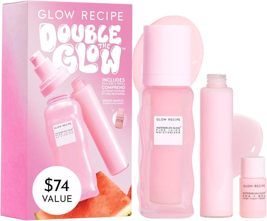 Zermet 1 Glow Recipe Double The Glow Skincare Kit - Watermelon PHA BHA Face Toner + Full Size and Refillable Pink Juice Face Moisturizer with Hydrating Hyaluronic Acid for Dry Skin - Korean Skin Care (3 Count)