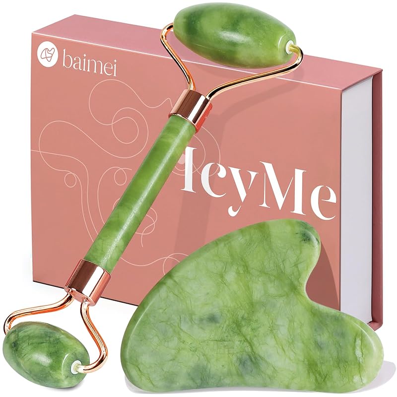 Zermet 1 BAIMEI IcyMe Gua Sha & Jade Roller Facial Tools Face Roller and Gua Sha Set for Puffiness and Redness Reducing Skin Care Routine, Self Care Gift for Men Women - Green