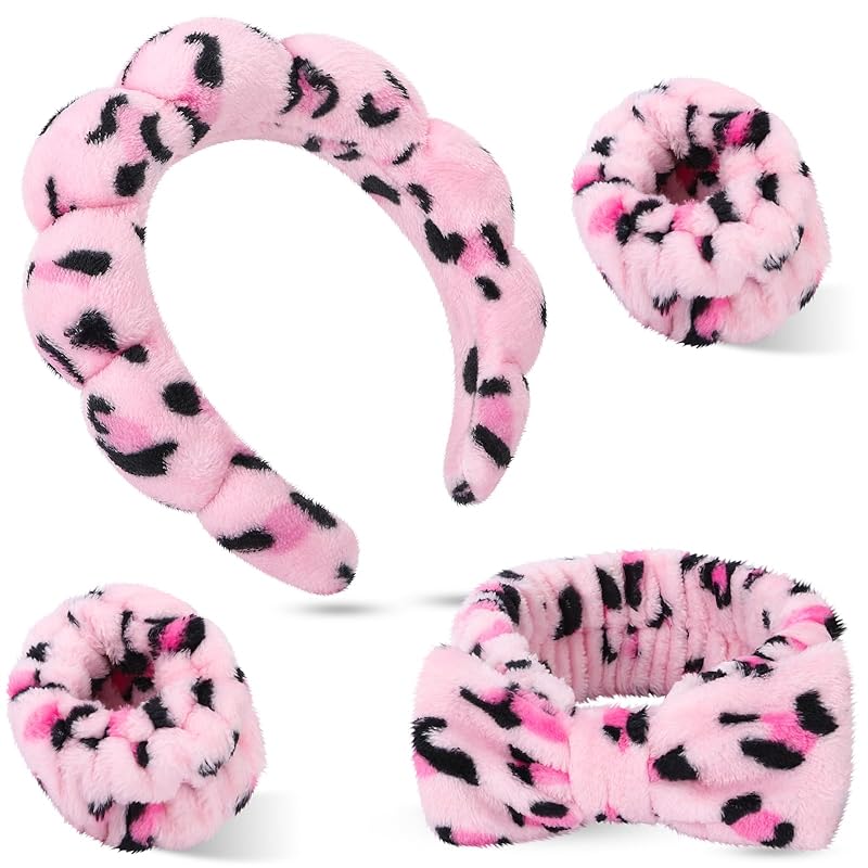 Zermet 1 Puffy Spa Headband & Skincare Headbands for Women Makeup,Terry Cloth Towel Head Band for Skin Care,Sponge Make Up Hair Band for Girls,Face Wash Wristband Scrunchies Set 4 Pcs